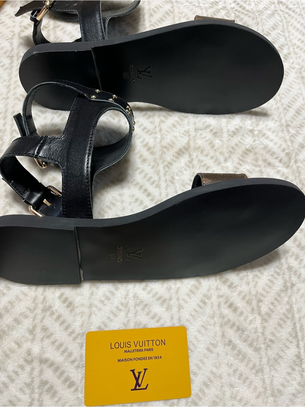 Louis Vuitton Black Leather Sandals with Monogram Brown Strap 10 - Picture 6 of 16